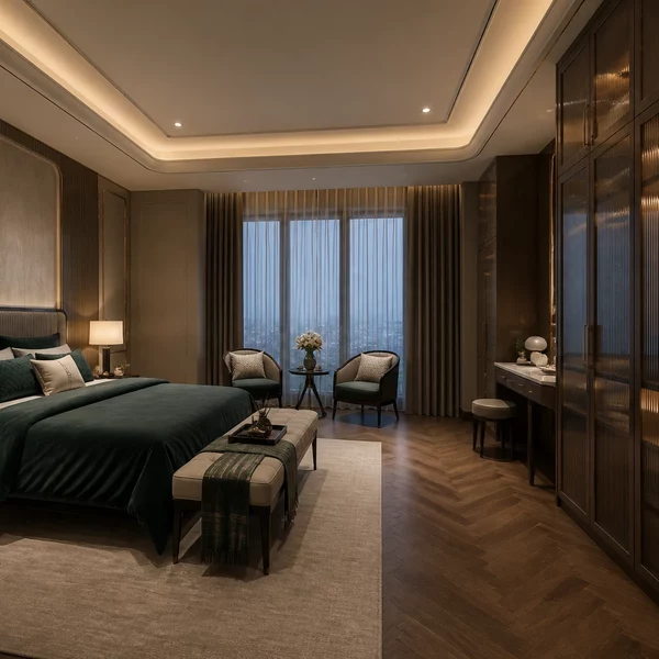 Phòng ngủ sang trọng được bố trí ánh sáng và nội thất hợp lý tránh sai lầm thiết kế