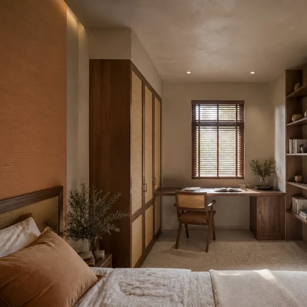 Phòng ngủ Wabi Sabi với tường hiệu ứng bê tông và gỗ mộc