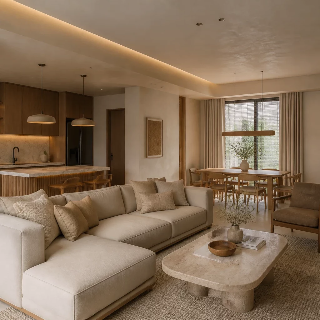 Phòng bếp chung cư Scandinavian liền phòng khách