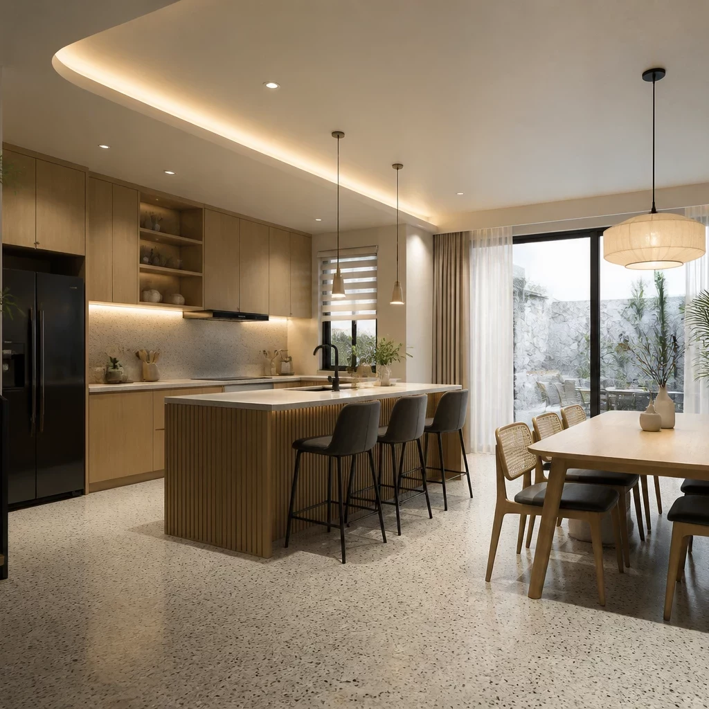 Phòng bếp đẹp chữ I tối giản vật liệu thông minh