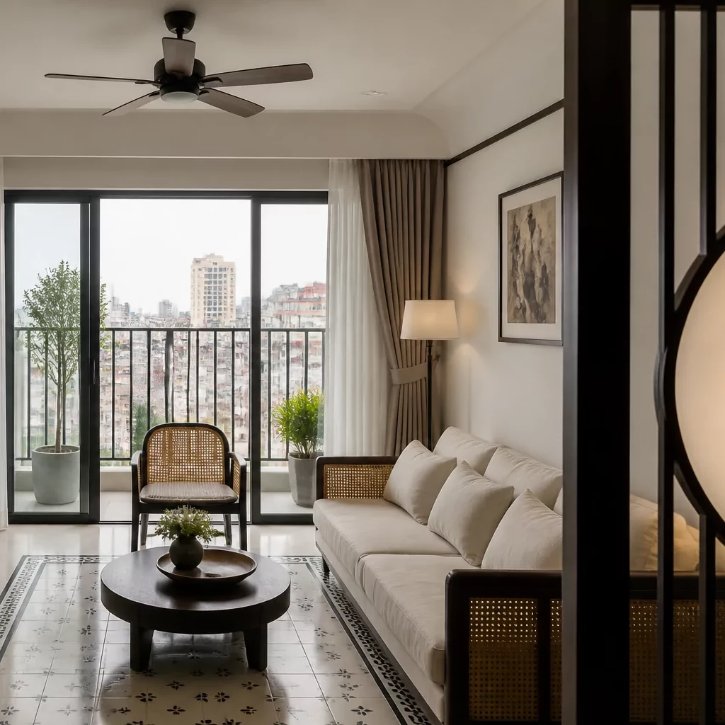 Nội thất phòng khách Indochine với chất liệu gỗ và mây tre đan