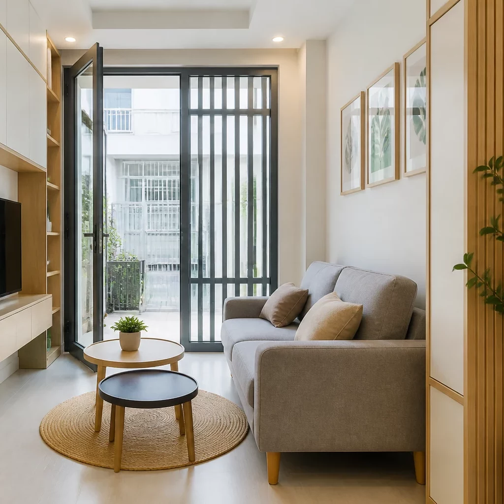 Mẫu thiết kế nội thất phòng khách trần cao tối giản