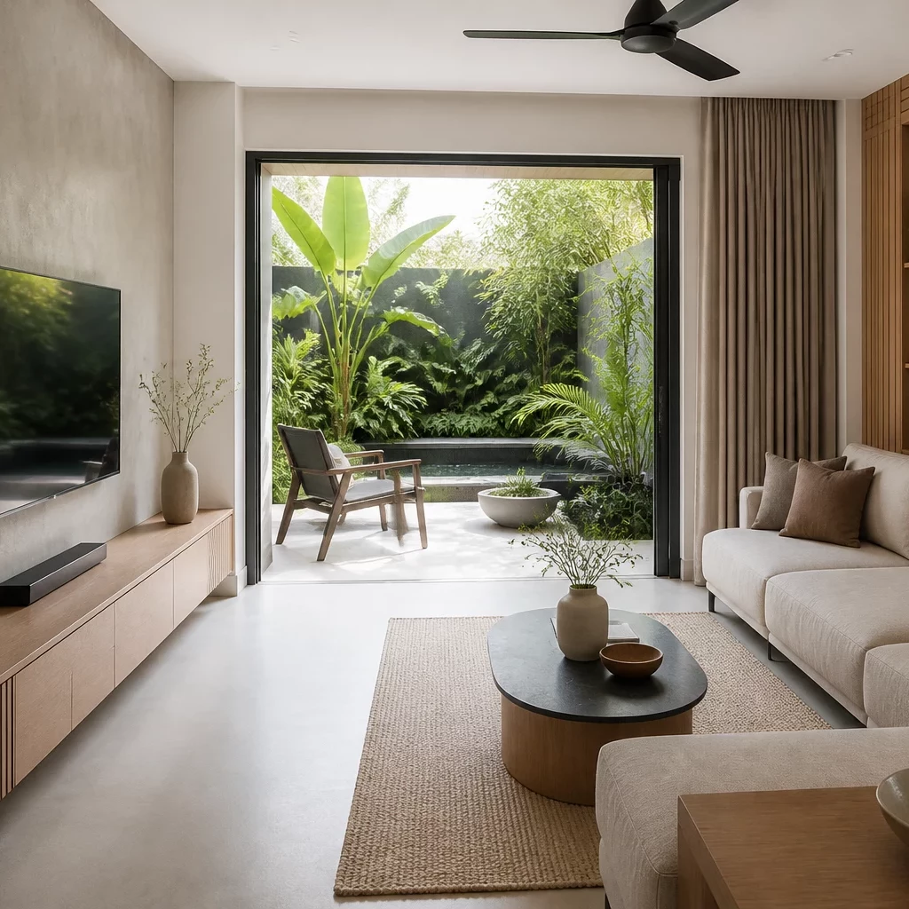 Nội thất phòng khách gỗ MDF An Cường phong cách tối giản