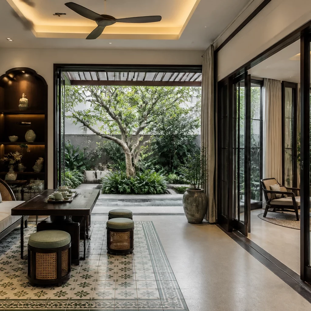 Thiết kế nội thất phòng ngủ biệt thự phong cách Tropical gần gũi thiên nhiên