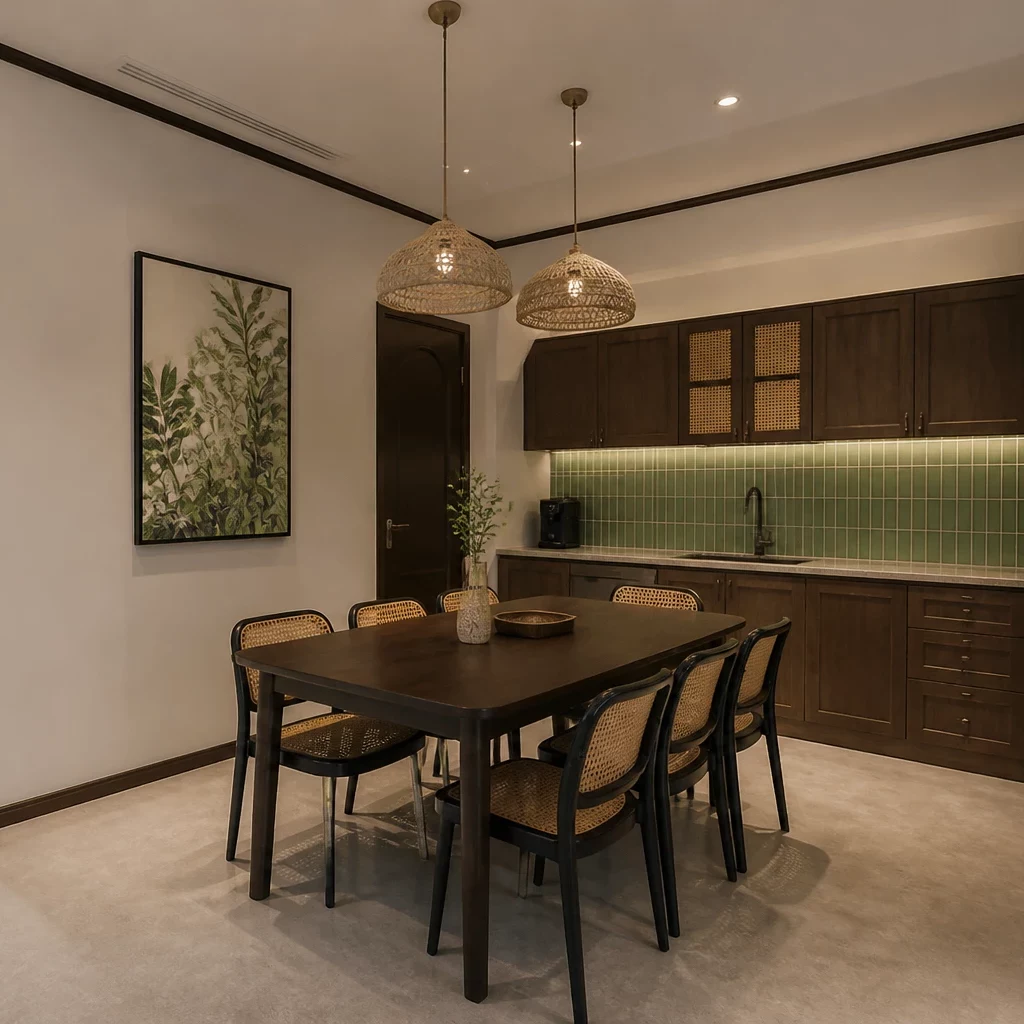 Khu vực pantry và bếp riêng phong cách Industrial với đảo bếp ốp kim loại và gạch thẻ