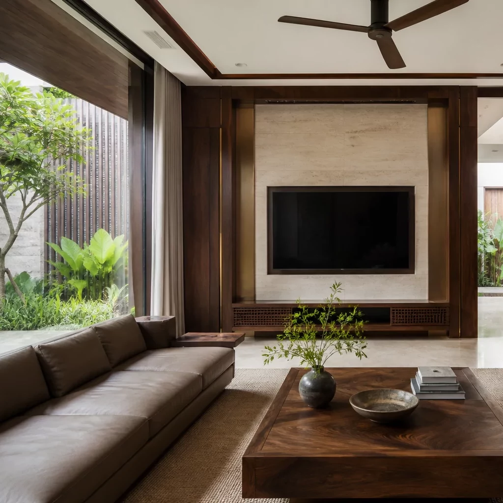Phòng khách biệt thự hiện đại sang trọng với sofa da và vách đá marble
