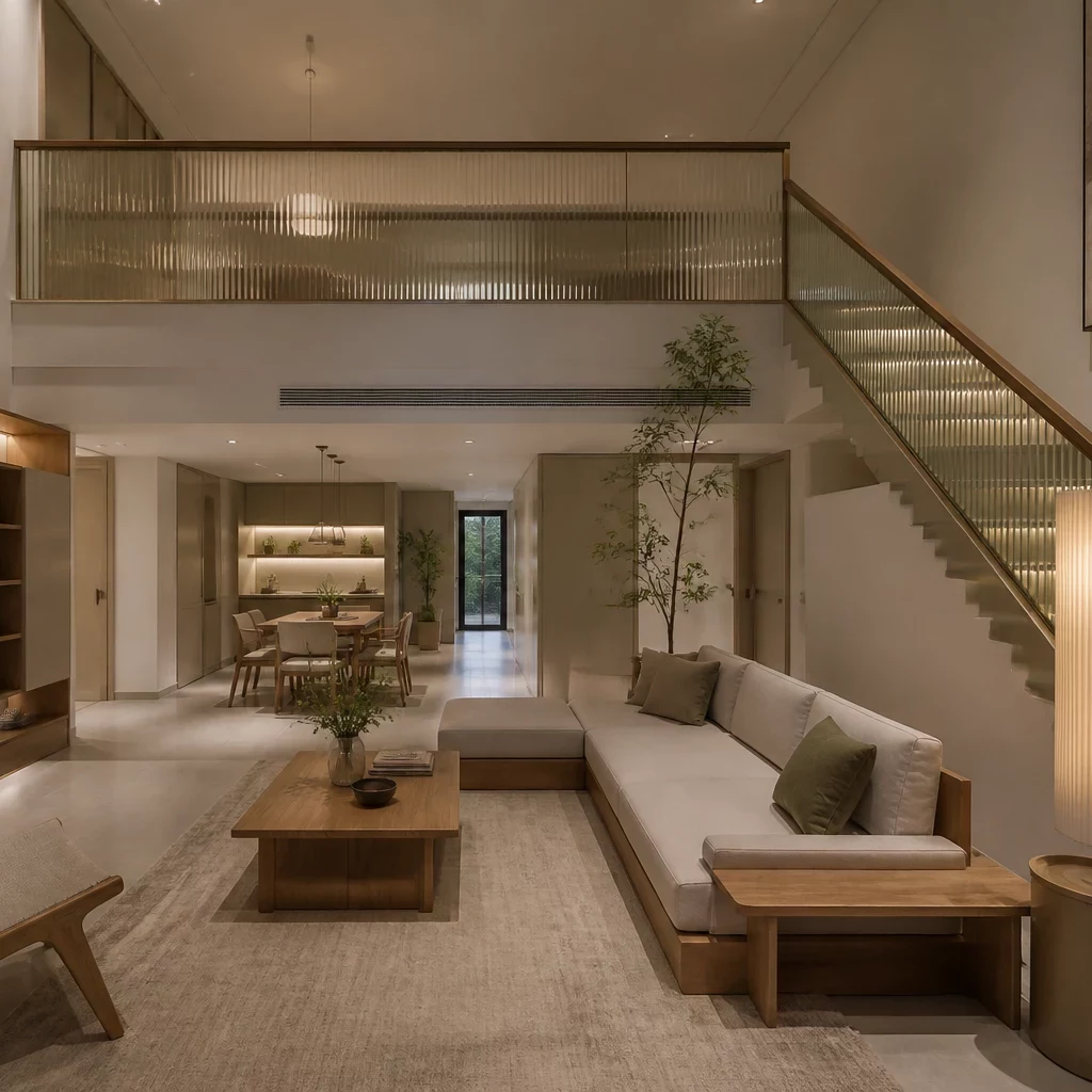 Không gian phòng khách chung cư duplex phong cách Japandi ấm cúng và tinh tế