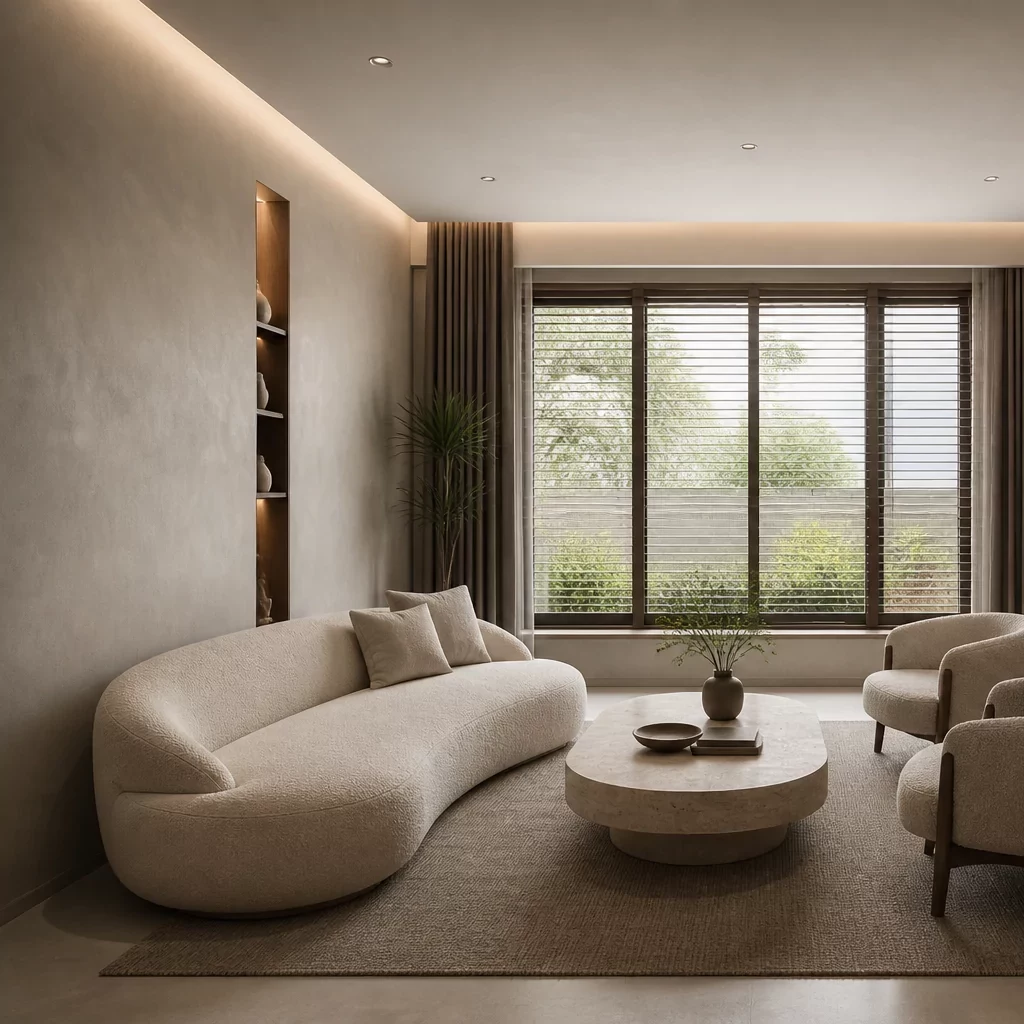 Phòng khách nhà cấp 4 phong cách tối giản với sofa văng và tông màu sáng