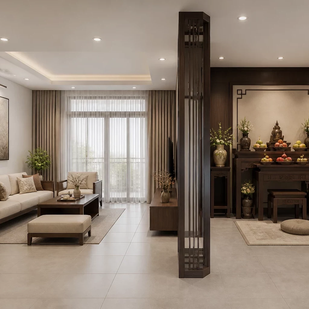 Phòng khách thiết kế nội thất tân cổ điển sang trọng với ban công thoáng đãng