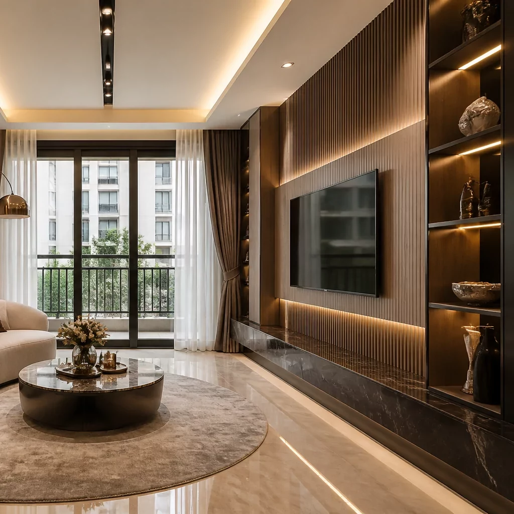 Phòng khách hiện đại với sofa da và bàn trà kính sang trọng