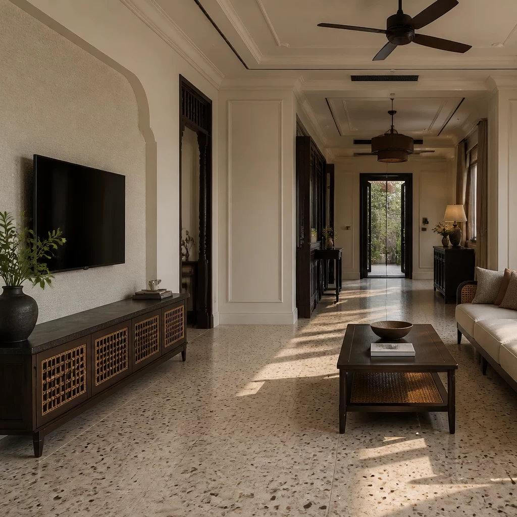 Phòng khách sang trọng với đèn chùm và sofa da trong thiết kế nội thất cao cấp