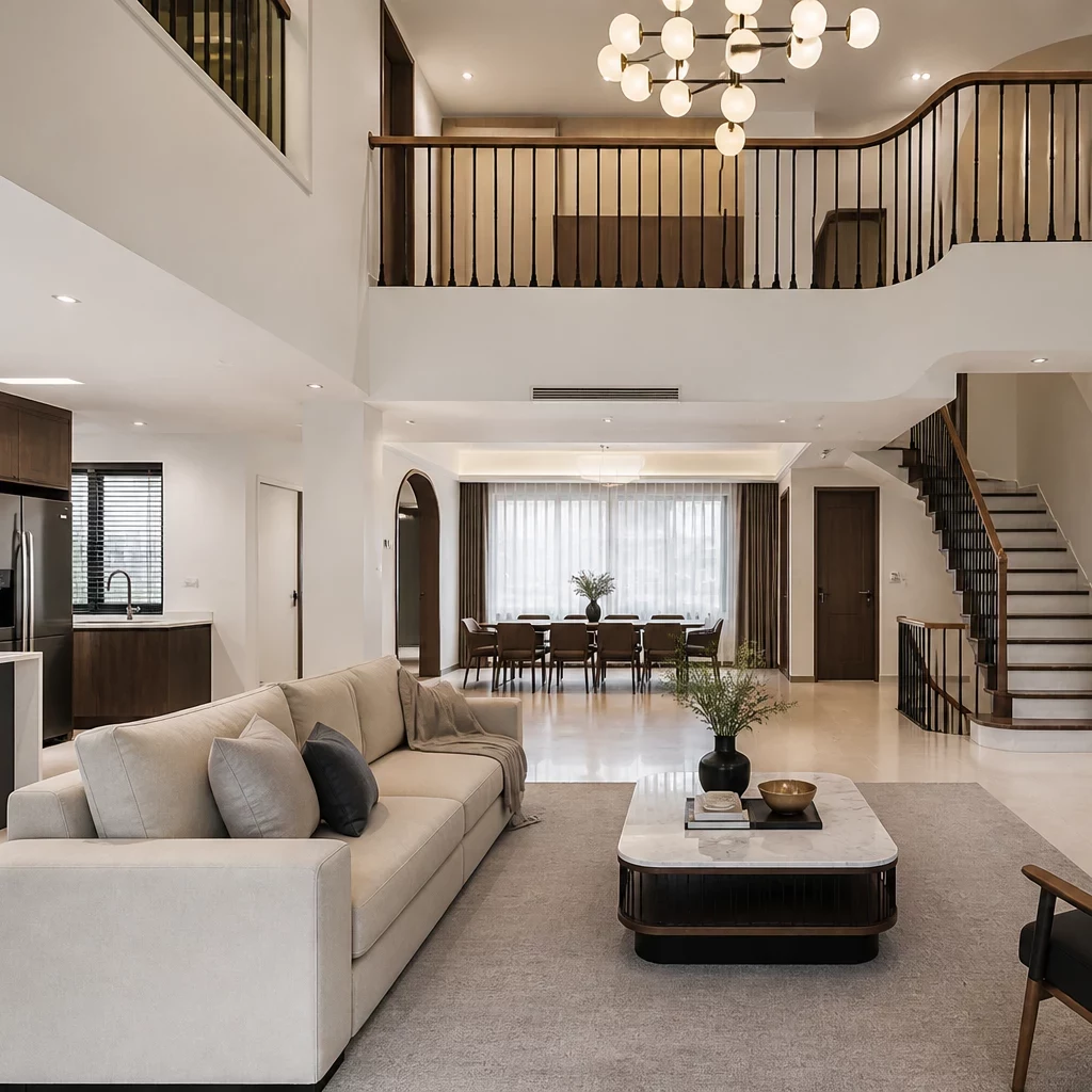 Nội thất phòng khách tân cổ điển sang trọng với sofa bọc nhung và đèn chùm pha lê