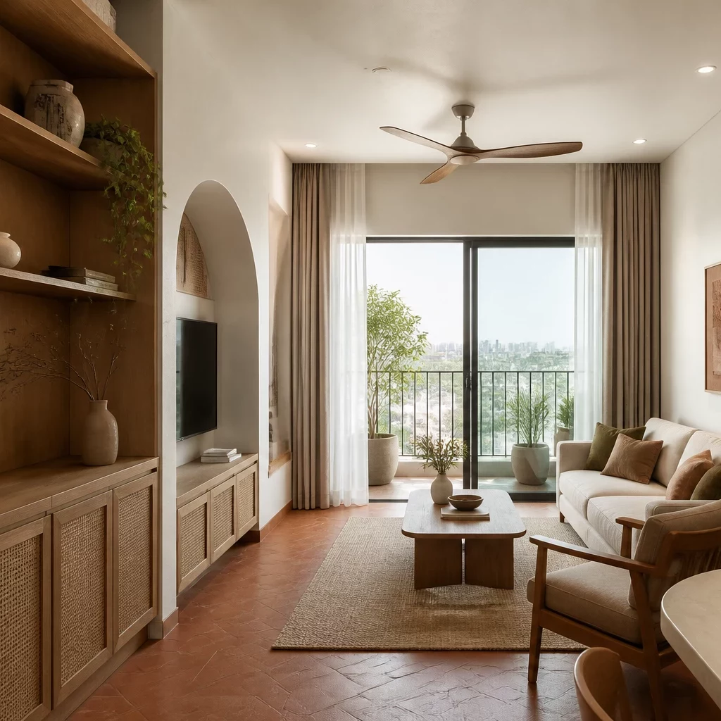 Phòng khách hiện đại với sofa xám và bàn trà gỗ trong thiết kế nội thất