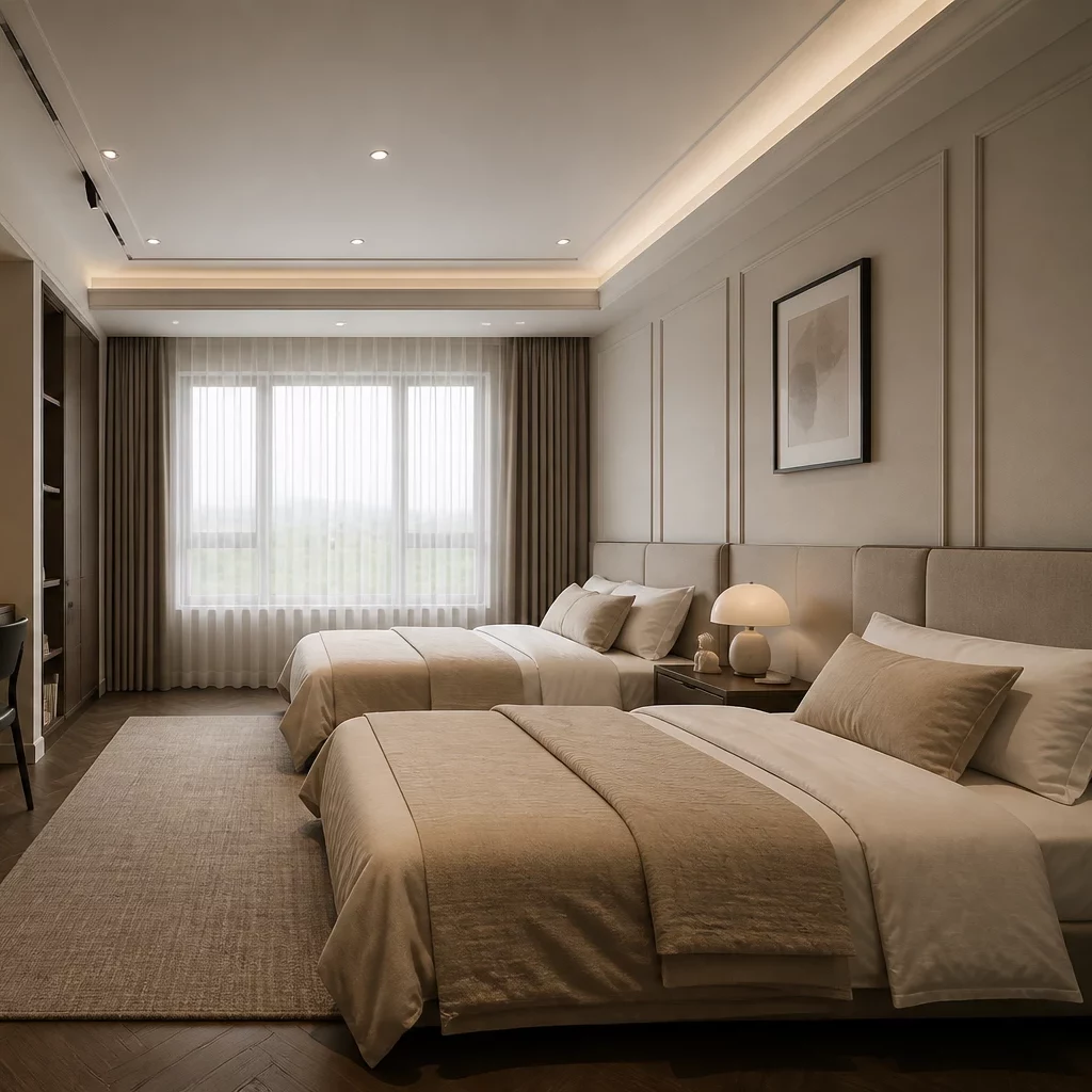 Phòng ngủ phong cách vintage với giường gỗ và ga trải giường họa tiết