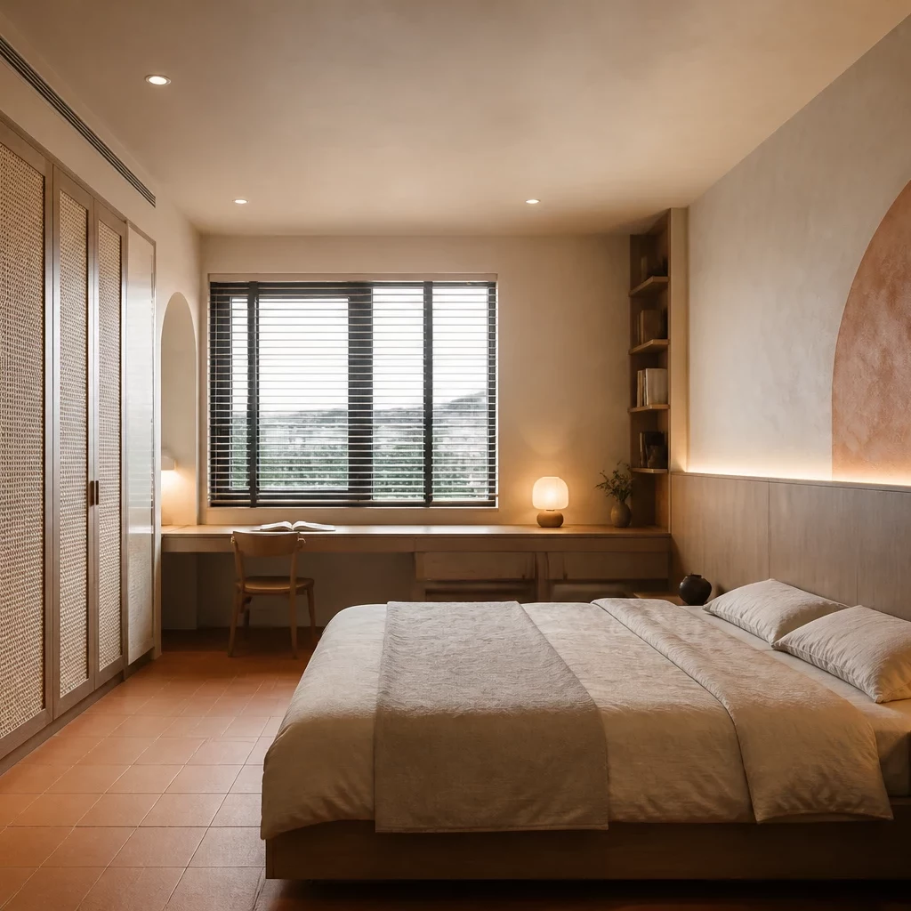 Phòng ngủ phong cách Wabi Sabi với giường bệt gỗ mộc mạc và tường hiệu ứng bê tông