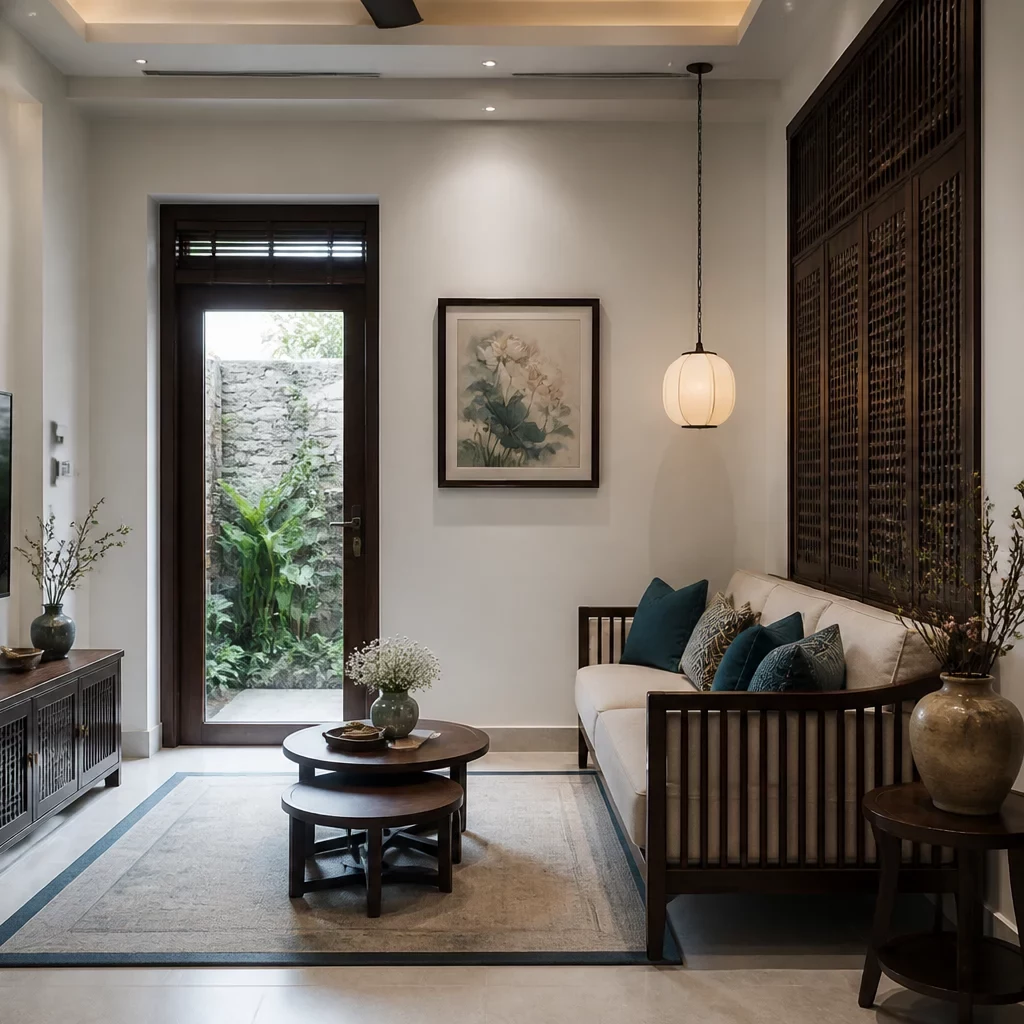 Phòng tắm phong cách Đông Dương với gạch bông cổ điển và gỗ tự nhiên