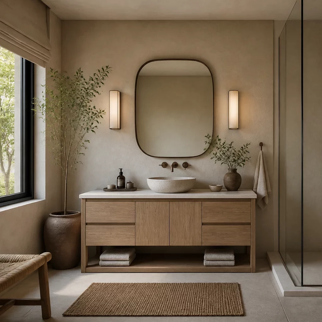 Phòng tắm phong cách Wabi Sabi sử dụng vật liệu thô mộc và gam màu đất
