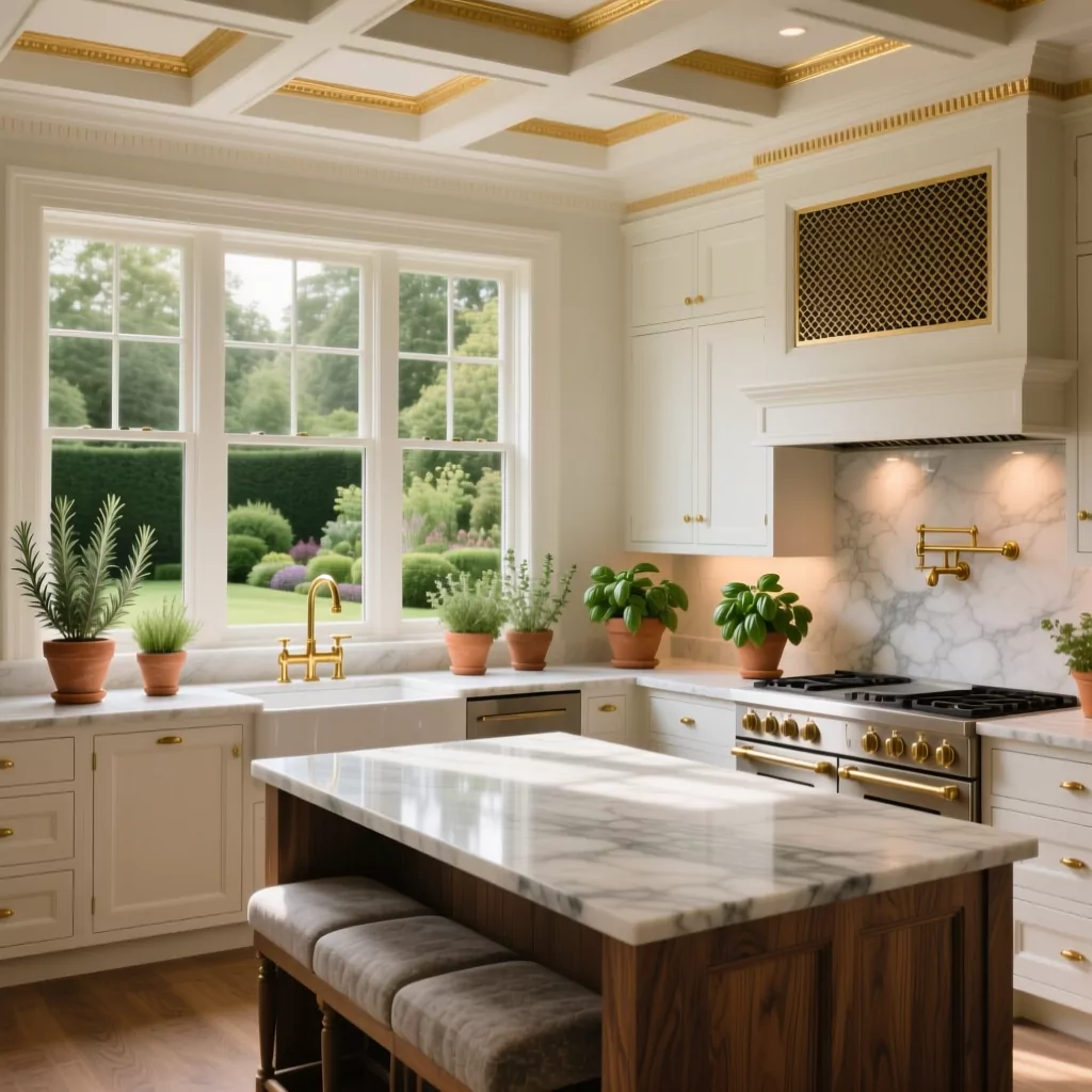 Gian bếp phong cách Indochine với gạch bông và cửa sổ vòm