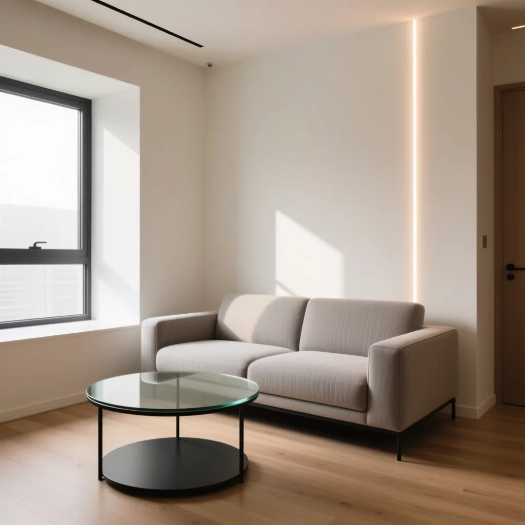 Phòng khách hiện đại với hệ thống đèn downlight và đèn hắt trần tinh tế