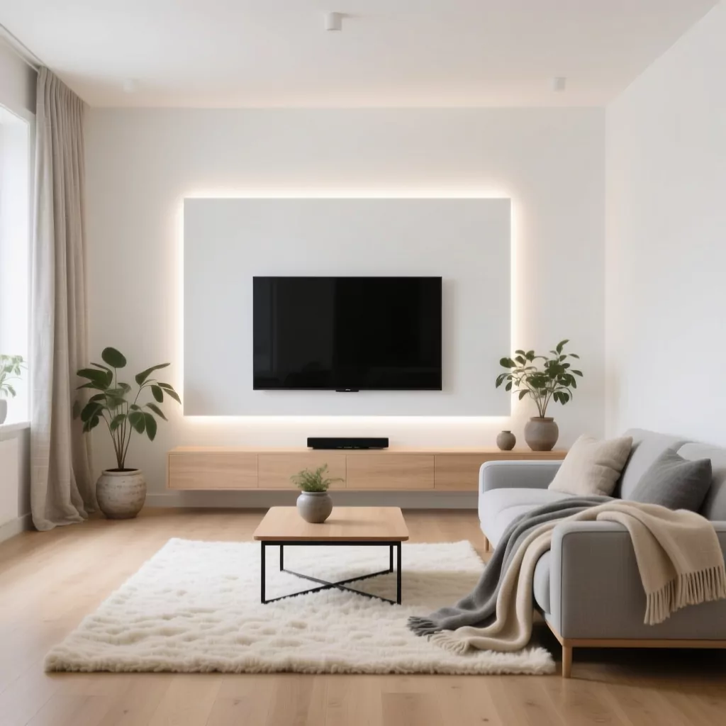 Phòng khách phong cách Bắc Âu Scandinavian với gỗ sồi và cây xanh