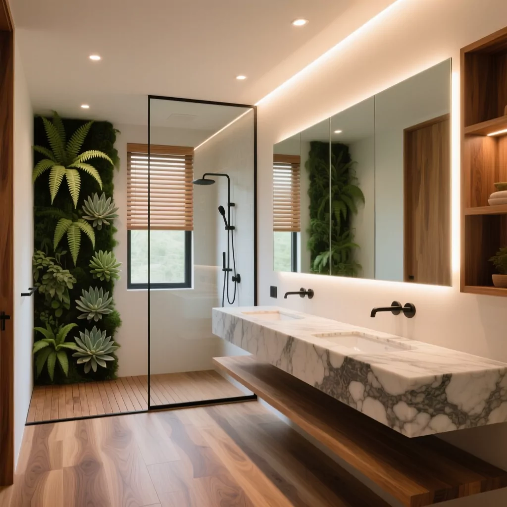Phòng tắm ốp gỗ tự nhiên với ánh sáng vàng ấm áp và sang trọng