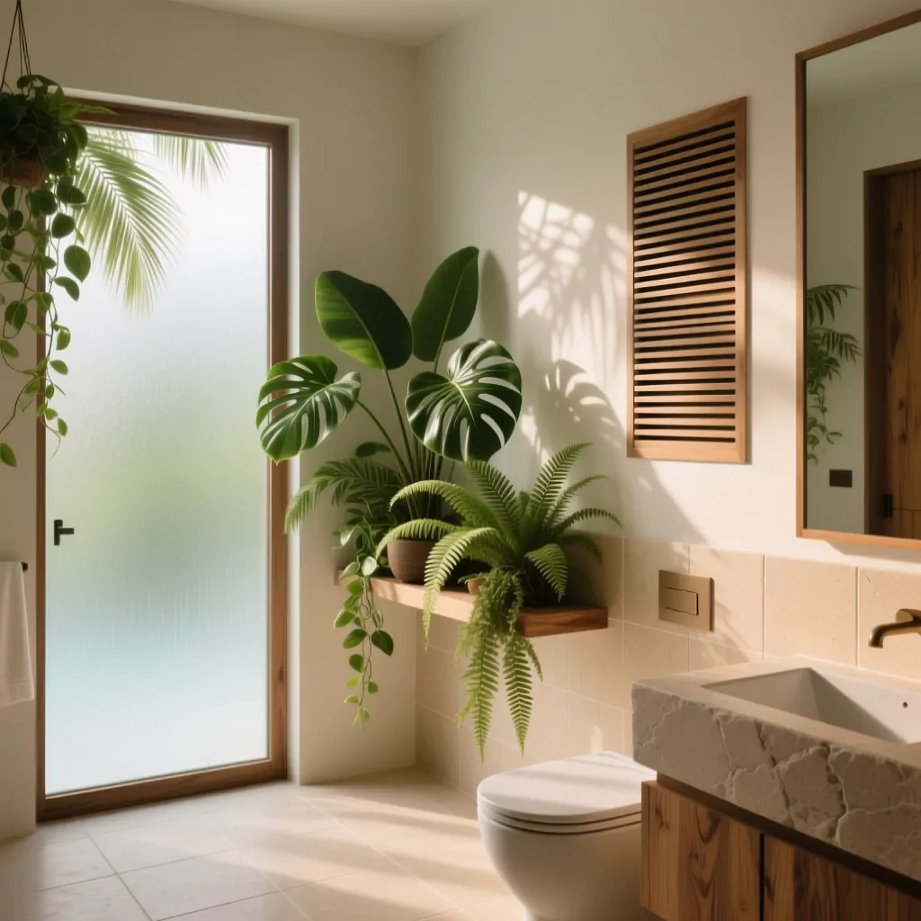 Phòng tắm chung cư phong cách tropical với cửa sổ lớn và cây xanh