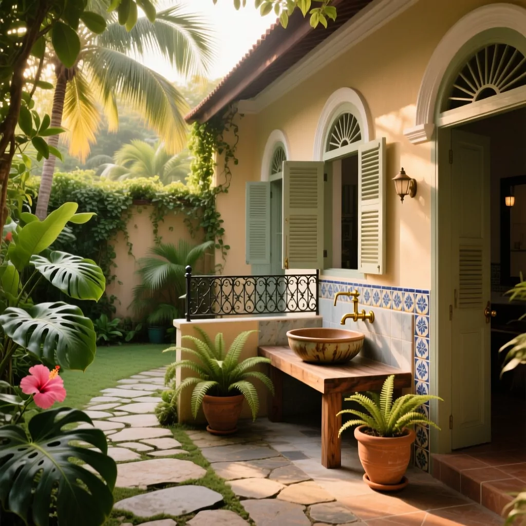 Phối cảnh 3D sân vườn sau nhà phố phong cách Indochine