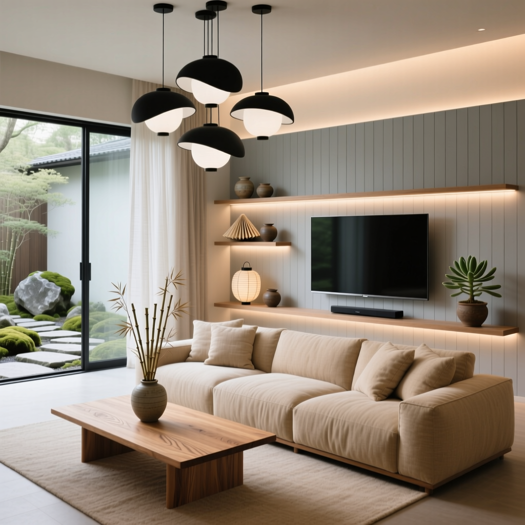 Mẫu sofa phong cách Japandi cho phòng khách liền bếp hiện đại