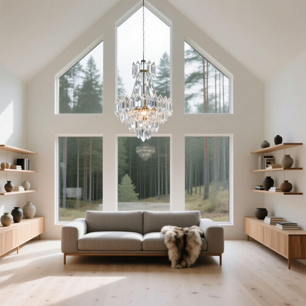 Thiết kế nội thất phòng khách gỗ phong cách Scandinavian hiện đại với trần cao