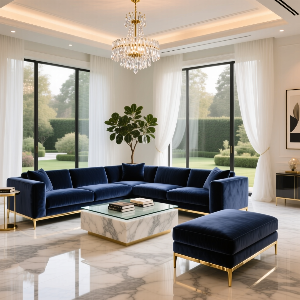 mẫu phòng khách luxury sang trọng sử dụng chất liệu đá và gỗ cao cấp
