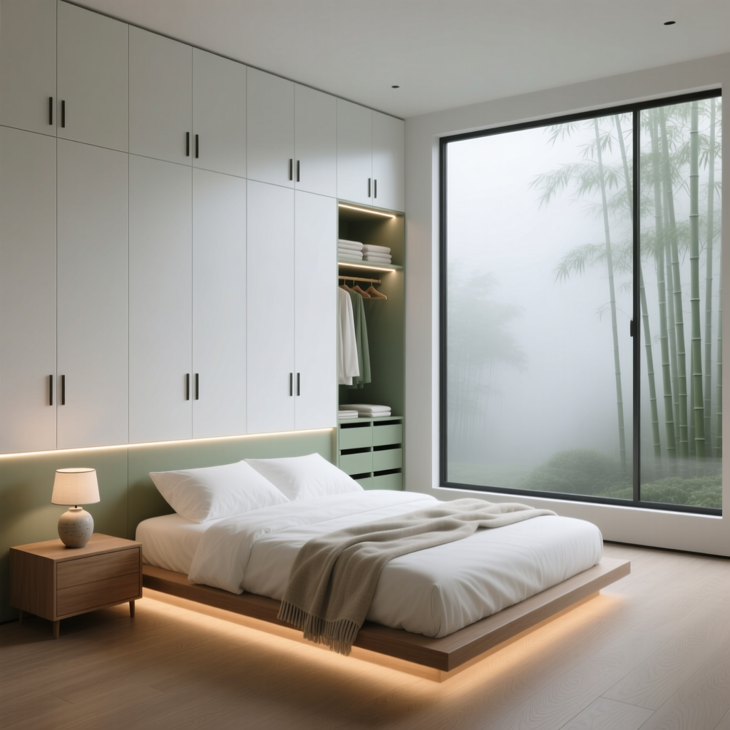 Nội thất phòng ngủ 30m2 tối giản với gam màu trung tính