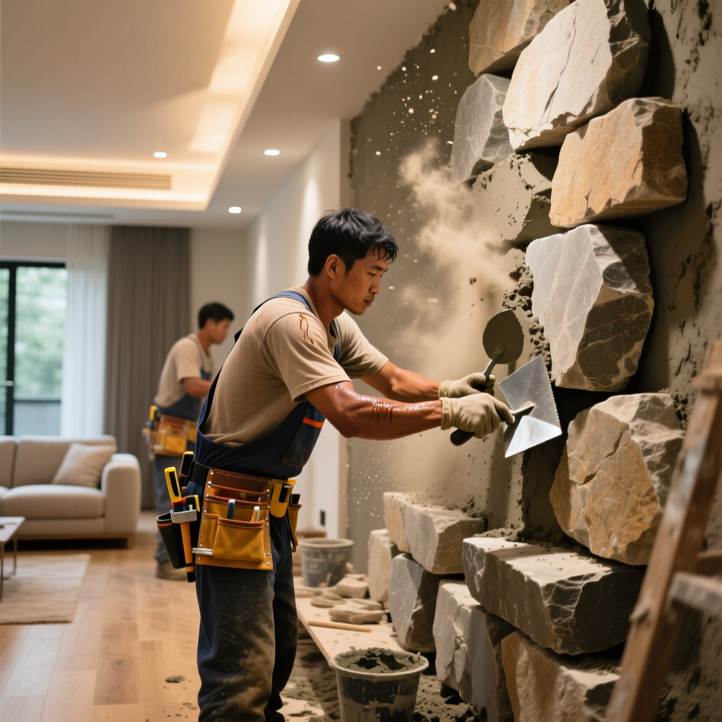 Giám sát thi công nội thất op da tuong phòng khách sang trọng