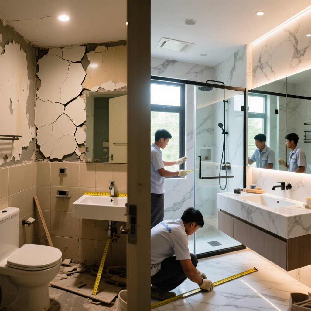 Giám sát thi công nội thất phòng tắm truoc va sau khi hoan thien